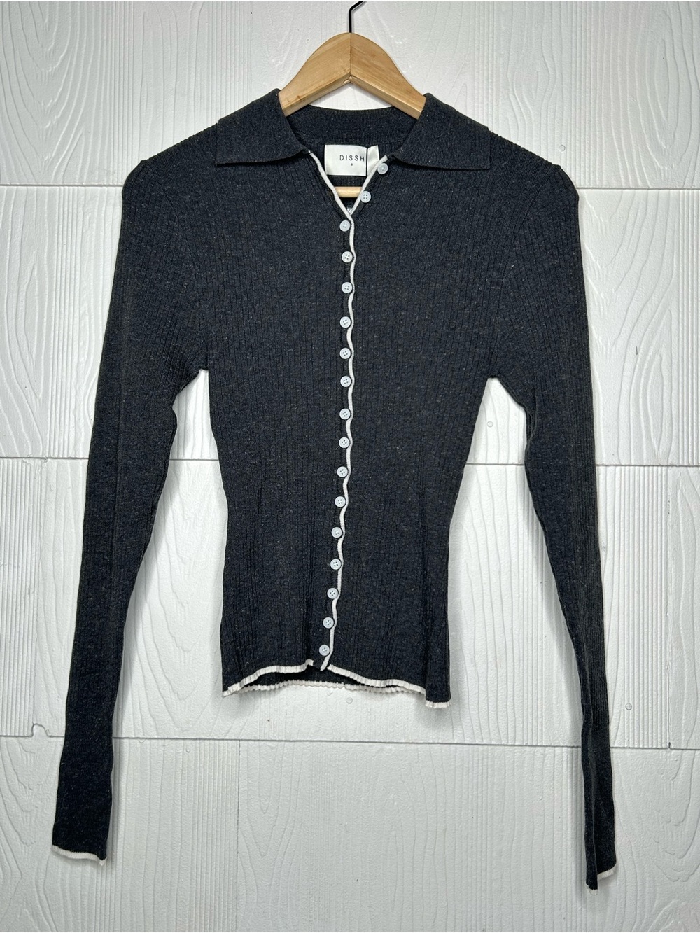 DISSH Black Ribbed Button-Front Sweater with White Trim